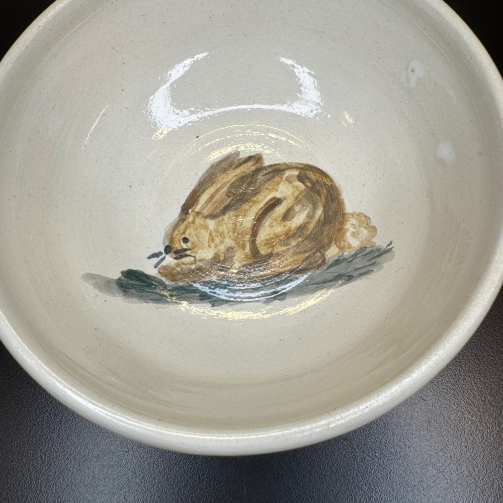 Ellen Pottery Rabbit Bowl Small Cream Brown 1997 Signed Hand Painted Artisan